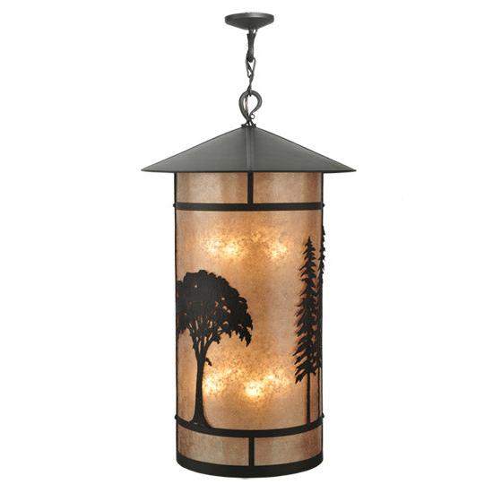Meyda Lighting Forest 34" 8-Light Wrought Iron Lantern Pendant Light With Silver Mica Shade Glass