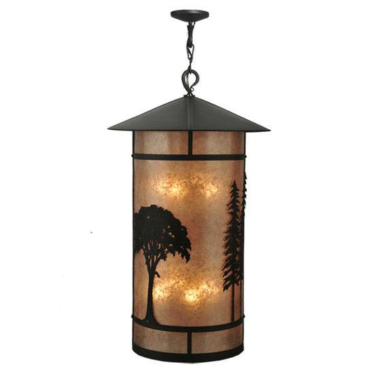 Meyda Lighting Forest 34" 8-Light Wrought Iron Lantern Pendant Light With Silver Mica Shade Glass