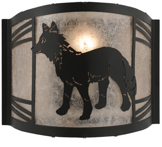Meyda Lighting Fox on the Loose 12" Textured Black Left Wall Sconce With Silver Mica Shade Glass