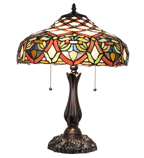 Meyda Lighting Franco 16" 2-Light Mahogany Bronze Table Lamp With Multi-Colored Stained Shade Glass