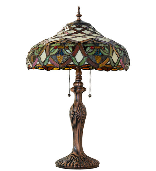 Meyda Lighting Franco 23" 2-Light Mahogany Bronze Table Lamp With Multi-Colored Stained Shade Glass
