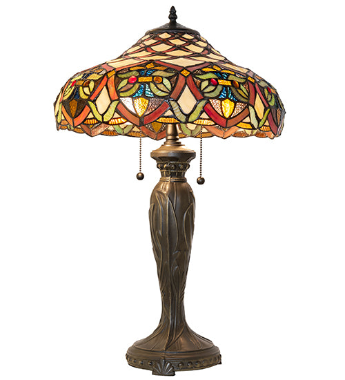 Meyda Lighting Franco 26" 2-Light Mahogany Bronze Table Lamp With Multi-Colored Stained Shade Glass