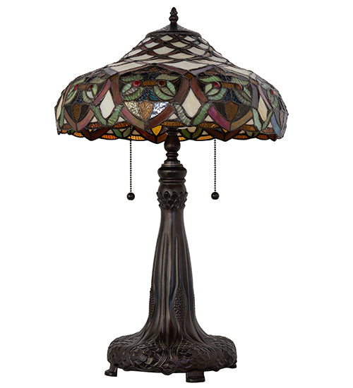 Meyda Lighting Franco 265257 26" 2-Light Mahogany Bronze Table Lamp With Multi-Colored Stained Shade Glass