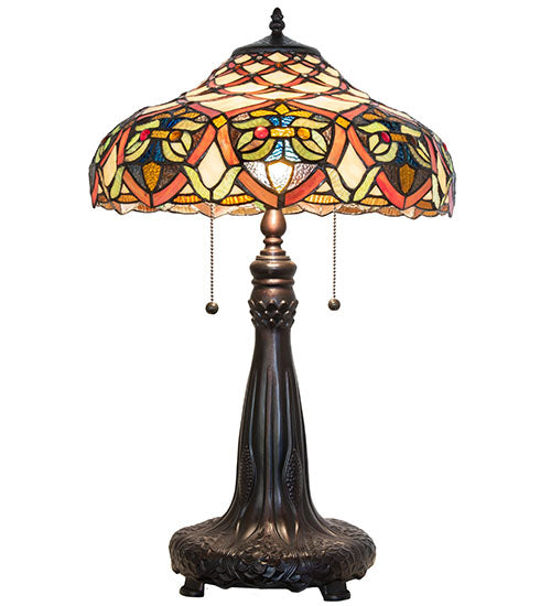 Meyda Lighting Franco 265257 26" 2-Light Mahogany Bronze Table Lamp With Multi-Colored Stained Shade Glass
