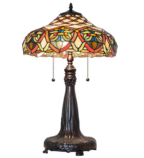 Meyda Lighting Franco 265257 26" 2-Light Mahogany Bronze Table Lamp With Multi-Colored Stained Shade Glass