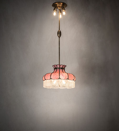 Meyda Lighting Frederick 24" 11-Light Antique Brass Pendant Light With Pink Iridescent Shade Glass