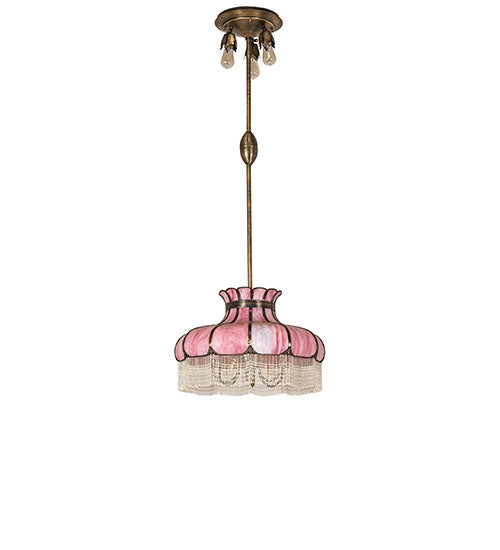 Meyda Lighting Frederick 24" 11-Light Antique Brass Pendant Light With Pink Iridescent Shade Glass