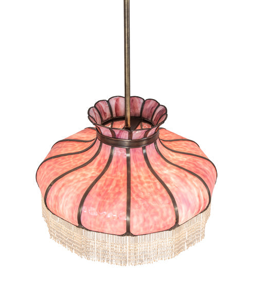 Meyda Lighting Frederick 24" 11-Light Antique Brass Pendant Light With Pink Iridescent Shade Glass