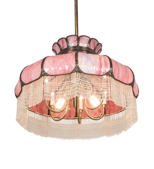 Meyda Lighting Frederick 24" 11-Light Antique Brass Pendant Light With Pink Iridescent Shade Glass