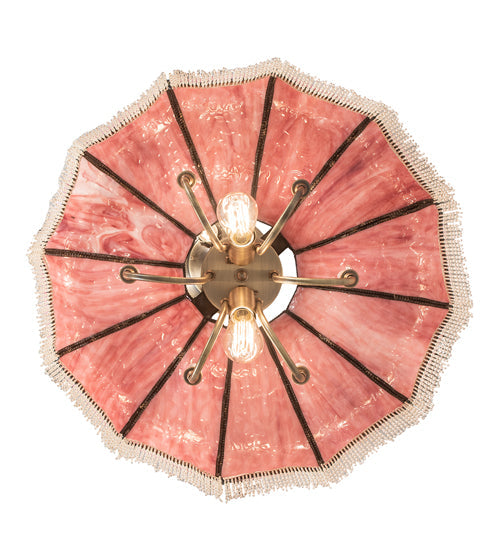 Meyda Lighting Frederick 24" 11-Light Antique Brass Pendant Light With Pink Iridescent Shade Glass