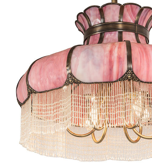 Meyda Lighting Frederick 24" 11-Light Antique Brass Pendant Light With Pink Iridescent Shade Glass
