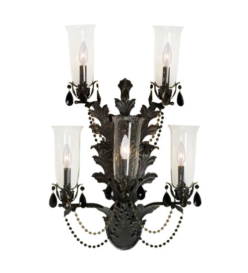 Meyda Lighting French Baroque 20" 5-Light Chestnut Wall Sconce With Clear Hurricane Shade Glass