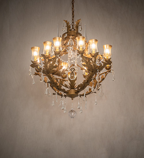Meyda Lighting French Baroque 34" 13-Light Aztec Gold Chandelier With Clear & Gold Hurricane Shade Glass