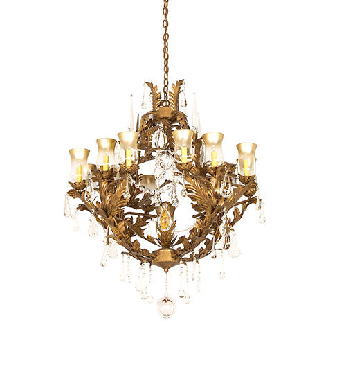 Meyda Lighting French Baroque 34" 13-Light Aztec Gold Chandelier With Clear & Gold Hurricane Shade Glass