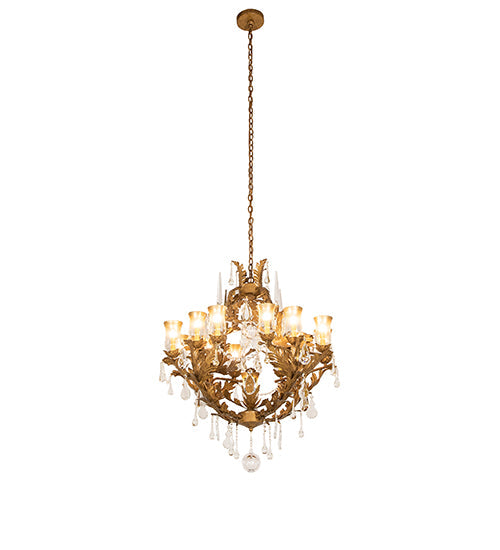 Meyda Lighting French Baroque 34" 13-Light Aztec Gold Chandelier With Clear & Gold Hurricane Shade Glass