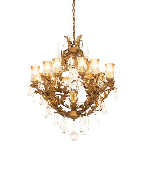 Meyda Lighting French Baroque 34" 13-Light Aztec Gold Chandelier With Clear & Gold Hurricane Shade Glass