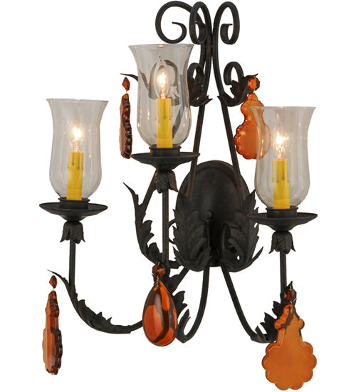 Meyda Lighting French Elegance 18" 3-Light Chestnut Wall Sconce With Clear Hurricane Shade Glass