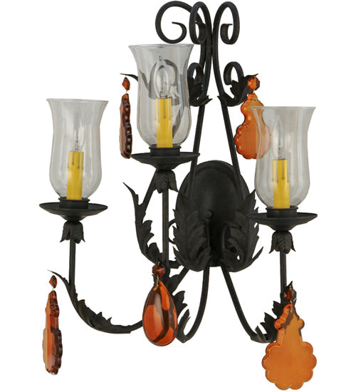 Meyda Lighting French Elegance 18" 3-Light Chestnut Wall Sconce With Clear Hurricane Shade Glass