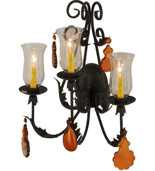 Meyda Lighting French Elegance 18" 3-Light Chestnut Wall Sconce With Clear Hurricane Shade Glass
