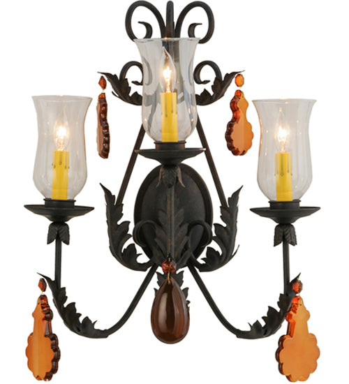 Meyda Lighting French Elegance 18" 3-Light Chestnut Wall Sconce With Clear Hurricane Shade Glass