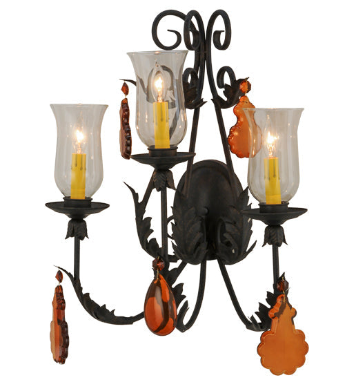 Meyda Lighting French Elegance 18" 3-Light Chestnut Wall Sconce With Clear Hurricane Shade Glass