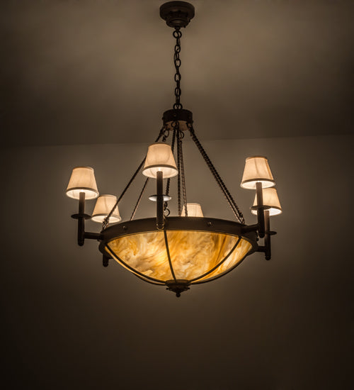 Meyda Lighting Freya 36" 10-Light Cafe Noir Chandelier With White Linen Textrene & Travertine Idalight Shade Glass