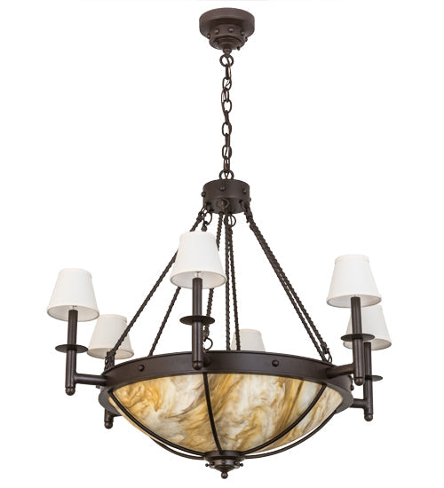 Meyda Lighting Freya 36" 10-Light Cafe Noir Chandelier With White Linen Textrene & Travertine Idalight Shade Glass