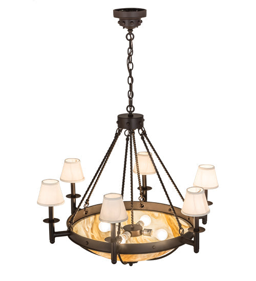 Meyda Lighting Freya 36" 10-Light Cafe Noir Chandelier With White Linen Textrene & Travertine Idalight Shade Glass