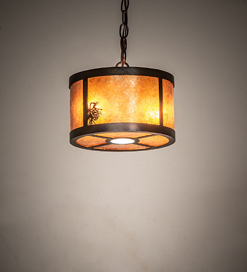 Meyda Lighting Fulton 10" 3-Light Dark Burnished Antique Copper Winter Pine Pendant Light With Amber Mica Shade Glass