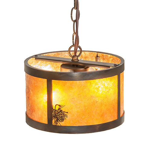 Meyda Lighting Fulton 10" 3-Light Dark Burnished Antique Copper Winter Pine Pendant Light With Amber Mica Shade Glass