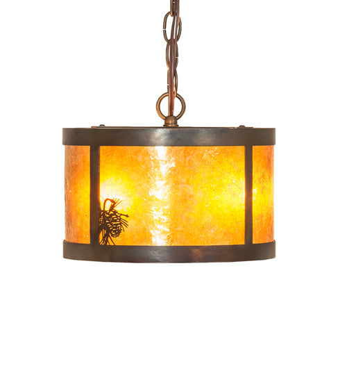 Meyda Lighting Fulton 10" 3-Light Dark Burnished Antique Copper Winter Pine Pendant Light With Amber Mica Shade Glass