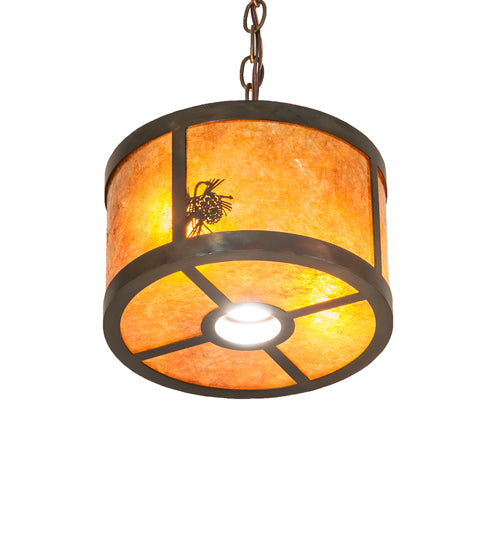 Meyda Lighting Fulton 10" 3-Light Dark Burnished Antique Copper Winter Pine Pendant Light With Amber Mica Shade Glass