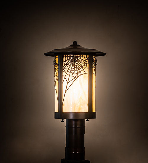 Meyda Lighting Fulton 10" Craftsman Brown On Brass Spider Web Outdoor Post Mount Light With Beige Iridescent Shade Glass