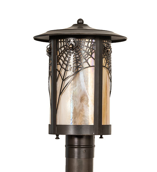 Meyda Lighting Fulton 10" Craftsman Brown On Brass Spider Web Outdoor Post Mount Light With Beige Iridescent Shade Glass