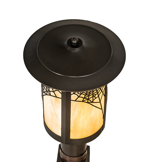 Meyda Lighting Fulton 10" Craftsman Brown On Brass Spider Web Outdoor Post Mount Light With Beige Iridescent Shade Glass