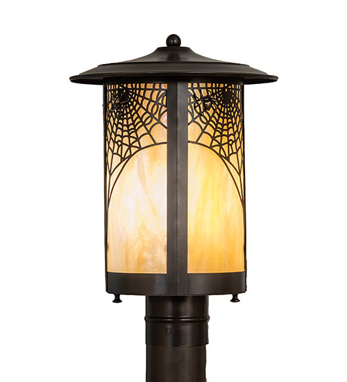 Meyda Lighting Fulton 10" Craftsman Brown On Brass Spider Web Outdoor Post Mount Light With Beige Iridescent Shade Glass