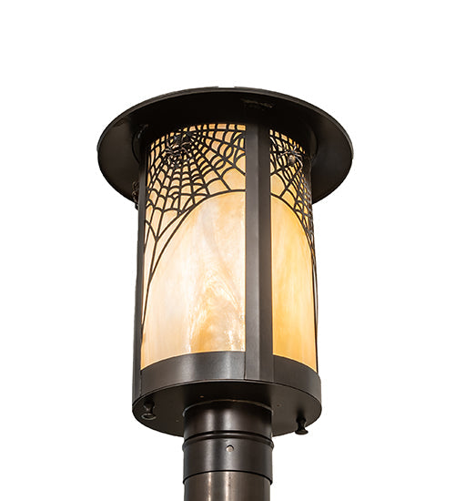 Meyda Lighting Fulton 10" Craftsman Brown On Brass Spider Web Outdoor Post Mount Light With Beige Iridescent Shade Glass
