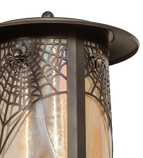 Meyda Lighting Fulton 10" Craftsman Brown On Brass Spider Web Outdoor Post Mount Light With Beige Iridescent Shade Glass