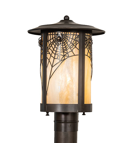 Meyda Lighting Fulton 10" Craftsman Brown On Brass Spider Web Outdoor Post Mount Light With Beige Iridescent Shade Glass