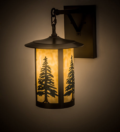 Meyda Lighting Fulton 10" Craftsman Brown Tall Pines Hanging Wall Sconce With Green & Beige Art Shade Glass