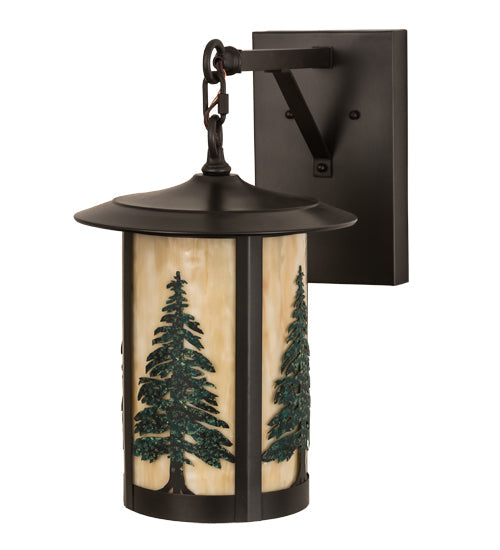 Meyda Lighting Fulton 10" Craftsman Brown Tall Pines Hanging Wall Sconce With Green & Beige Art Shade Glass