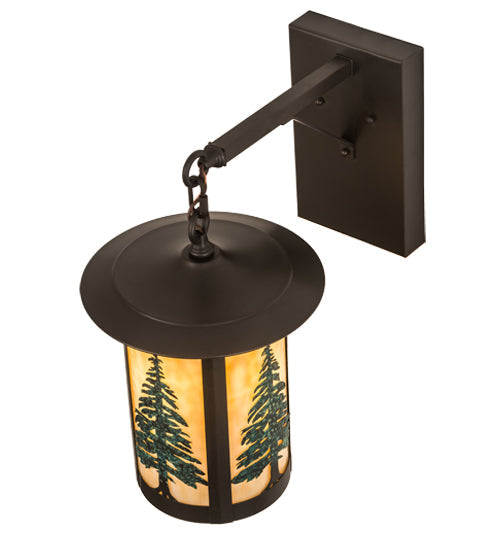 Meyda Lighting Fulton 10" Craftsman Brown Tall Pines Hanging Wall Sconce With Green & Beige Art Shade Glass