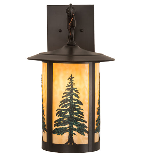 Meyda Lighting Fulton 10" Craftsman Brown Tall Pines Hanging Wall Sconce With Green & Beige Art Shade Glass