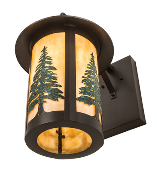 Meyda Lighting Fulton 10" Craftsman Brown Tall Pines Hanging Wall Sconce With Green & Beige Art Shade Glass