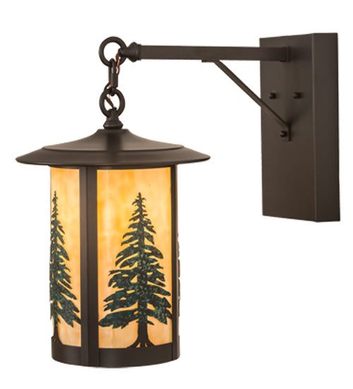 Meyda Lighting Fulton 10" Craftsman Brown Tall Pines Hanging Wall Sconce With Green & Beige Art Shade Glass