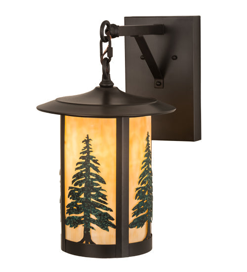 Meyda Lighting Fulton 10" Craftsman Brown Tall Pines Hanging Wall Sconce With Green & Beige Art Shade Glass