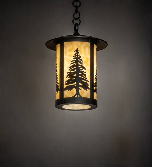 Meyda Lighting Fulton 10" Craftsman Brown Tall Pines Mini Pendant Light With Beige Art Shade Glass