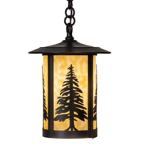 Meyda Lighting Fulton 10" Craftsman Brown Tall Pines Mini Pendant Light With Beige Art Shade Glass