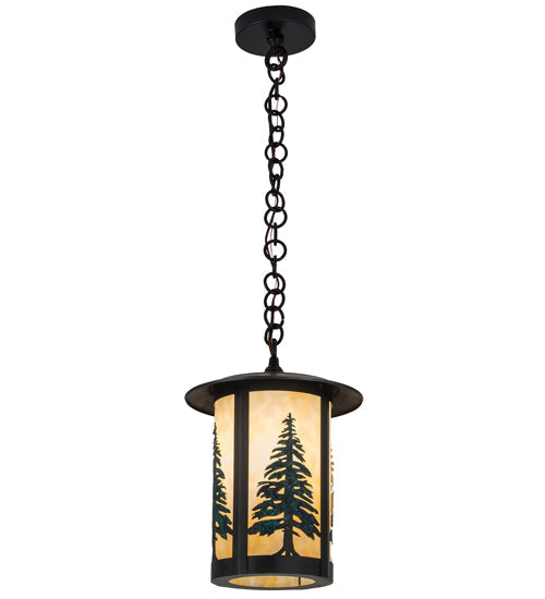 Meyda Lighting Fulton 10" Craftsman Brown Tall Pines Pendant Light With Green & Beige Art Shade Glass
