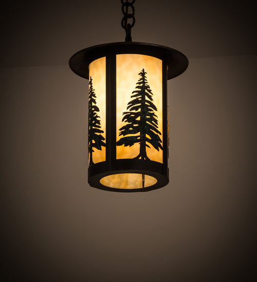 Meyda Lighting Fulton 10" Craftsman Brown Tall Pines Pendant Light With Green & Beige Art Shade Glass